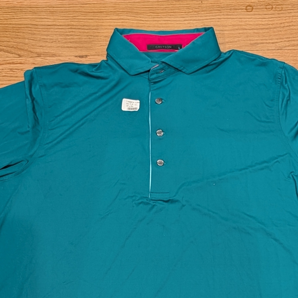 Greyson Cayuse Polo Mens Large Green Bonsai Performance Golf Shirt Contrast NWOT